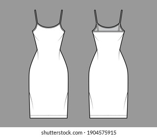 Ilustración de moda técnica de vestimenta de camisol con cuello de cuchara, correas, longitud de rodilla, cuerpo montado, Lápiz completo. Plantilla de ropa plana frontal, posterior, blanco, color gris. Mujeres, hombres, maquillaje de CAD unisex