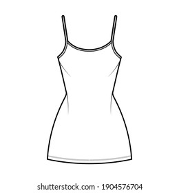 Camisole dress technical fashion illustration with scoop neck, straps, mini length, fitted body, Pencil fullness. Flat apparel template front, back, white, grey color. Women, men, unisex CAD mockup