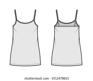 Ilustración de moda técnica de vestimenta de camisol con cuello de cuchara, correas, mini longitud, cuerpo sobredimensionado, Lápiz completo. Plantilla de ropa plana frontal, posterior, blanco, color gris. Mujeres, hombres, maquillaje de CAD unisex