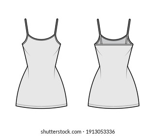 Ilustración de moda técnica de vestimenta de camisol con cuello de cuchara, correas, mini longitud, cuerpo montado, Lápiz completo. Plantilla de ropa plana frontal, posterior, blanco, color gris. Mujeres, hombres, maquillaje de CAD unisex