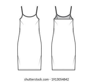 Camisole Kleid technische Mode Illustration mit Nacken, Gurtband, Kniestlänge, übergroßen Körper, Stift Fülle. Flache Bekleidungsschablone vorne, hinten, weiß, grau. Frauen, Männer, unisex CAD-Modell nach oben