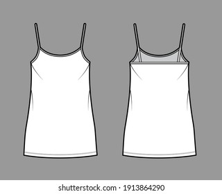 Ilustración de moda técnica de vestimenta de camisol con cuello de cuchara, correas, mini longitud, cuerpo sobredimensionado, Lápiz completo. Plantilla de ropa plana frontal, posterior, blanco, color gris. Mujeres, hombres, maquillaje de CAD unisex