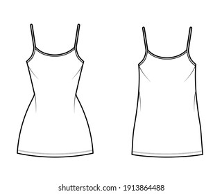 Ilustración de moda técnica de vestimenta de camisol con cuello de cuchara, correas, mini longitud, cuerpo sobredimensionado, cuerpo empotrado, Lápiz completo. Delantera de la plantilla de prendas planas, color blanco. Mujeres, hombres, maquillaje de CAD unisex