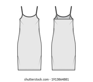 Ilustración de moda técnica de vestimenta de camisol con cuello de cuchara, correas, longitud de rodilla, cuerpo sobredimensionado, Lápiz completo. Plantilla de ropa plana frontal, posterior, blanco, color gris. Mujeres, hombres, maquillaje de CAD unisex