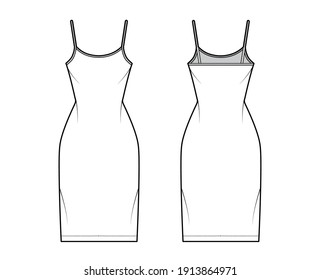 Ilustración de moda técnica de vestimenta de camisol con cuello de cuchara, correas, longitud de rodilla, cuerpo montado, Lápiz completo. Plantilla de ropa plana frontal, posterior, blanco, color gris. Mujeres, hombres, maquillaje de CAD unisex