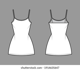 Ilustración de moda técnica de vestimenta de camisol con cuello de cuchara, correas, mini longitud, cuerpo montado, Lápiz completo. Plantilla de ropa plana frontal, posterior, blanco, color gris. Mujeres, hombres, maquillaje de CAD unisex