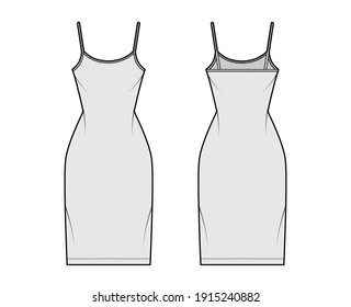 Camisole dress technical fashion illustration with scoop neck, straps, knee length, fitted body, Pencil fullness. Flat apparel template front, back, white, grey color. Women, men, unisex CAD mockup