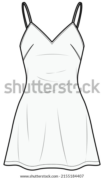 camisole dress technical fashion illustration. v\
neck spaghetti strap mini dress fashion flat sketch vector\
template. CAD mockup.
