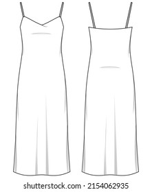 Camisole Kleid technische Illustration. Vorder- und Rückseite der Bekleidungsvorlage. Das Damenschlupf-Kleid CAD-Modell.