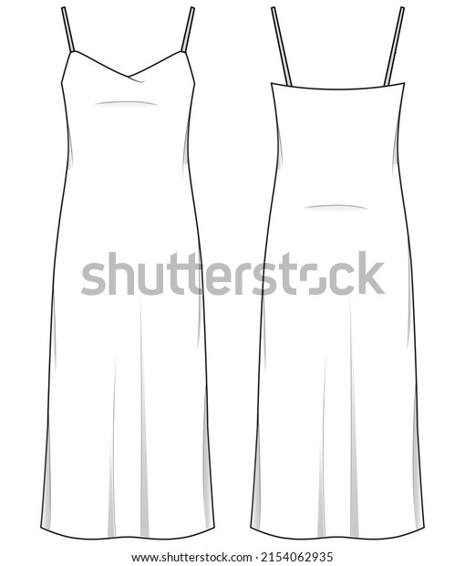 Camisole dress technical\
illustration. front and back apparel template. Women\'s slip dress\
CAD mockup.