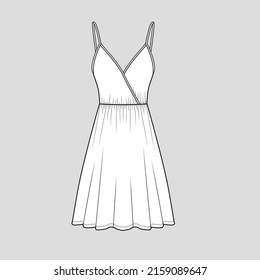 camisole dress waist gathering detail flounce flare hem cad dresses flat sketch technical drawing template design vector