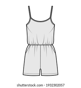 Camisole jumpsuit Dungaree overall technical fashion illustration with mini length, normal elastic waist, oversized, pockets. Flat front, grey color style. Women, men unisex CAD mockup