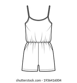 Camisole jumpsuit Dungaree overall technical fashion illustration with mini length, normal elastic waist, oversized, pockets. Flat front, white color style. Women, men unisex CAD mockup