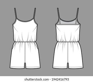 Traje de salto de camisón Dungaree ilustración general de moda técnica con longitud mini, cintura elástica normal, sobretamaño, bolsillos. Parte posterior plana, color blanco. Mujeres, hombres unisex CAD mockup