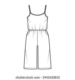 Traje de salto de camisón Dungaree ilustración general de moda técnica con longitud de rodilla, cintura elástica normal, sobretamaño, bolsillos. Delantero plano, color blanco. Mujeres, hombres unisex CAD mockup