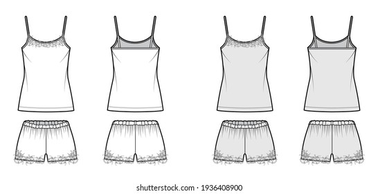 Camisole lace Pajama short Sleepwear technical fashion illustration with scoop neck cami, mini length, oversized. Flat garment apparel front back, white, grey color style. Women, men unisex CAD mockup