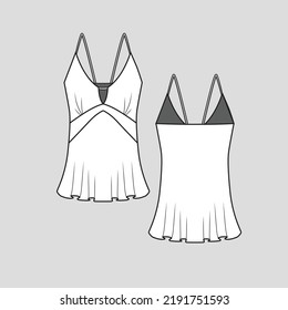 Camisole notch neck flare hem strap  top tank Fashion flat sketch drawing template