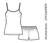 Camisole Pajama short Sleepwear technical fashion illustration with scoop neck cami, mini length, oversized, low elastic waist. Flat apparel front, white color style. Women, men unisex CAD mockup