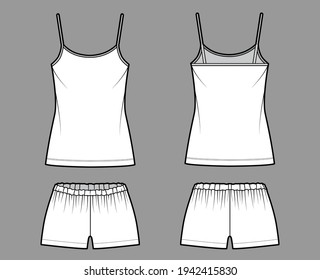 Camisole Pajama corto Ilustración técnica de moda Sleepwear con cami de cuello de cuchara, mini longitud, cintura gigante, baja elástica. Vestimenta plana en la parte posterior, color blanco. Mujeres, hombres unisex CAD mockup