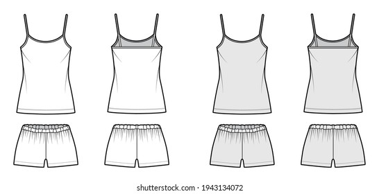 Camisole Pajama short Sleepwear technical fashion illustration with scoop neck cami, mini length, oversized, low waist. Flat apparel front back, white, grey color style. Women, men unisex CAD mockup
