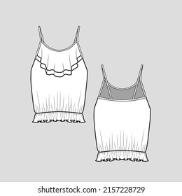 Camisole ruffles gathering top front layered ruffles elastic gathering ruffle hem detail fashion flat sketch technical drawing template design vector