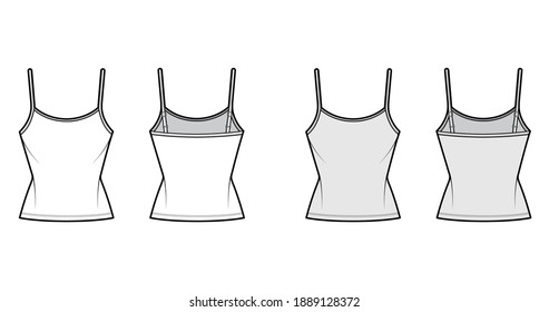 Camisole scoop neck cotton-jersey top technical fashion illustration with thin adjustable straps, slim fit, tunic length. Flat outwear tank template front, back, white grey color. Women men CAD mockup