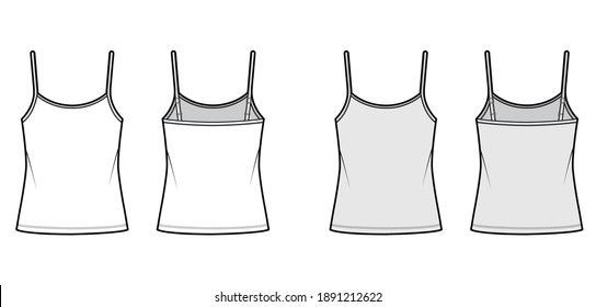 Camisole Nacken Baumwolle-Jersey Top-technische Mode-Illustration mit dünnen verstellbaren Gurten, übergroß. Flaches Outwear Tank Vorder, Rücken, weiß, graue Farbe. Frauen ohne Ex-CAD-Modell