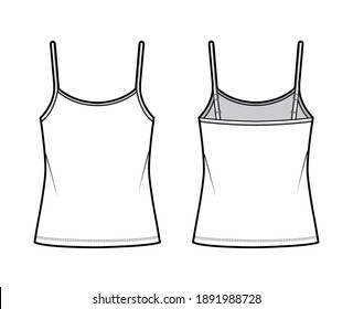 Camisole scoop neck cotton-jersey top technical fashion illustration with thin adjustable straps, oversized. Flat outwear tank template front, back, white color. Women men unisex CAD mockup