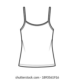 Camisole scoop neck cotton-jersey top technical fashion illustration with thin adjustable straps, oversized. Flat outwear tank template front, white color. Women men unisex CAD mockup