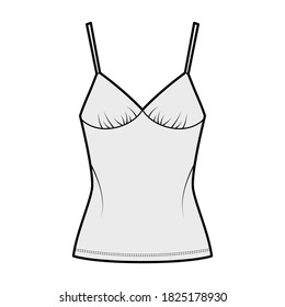 Camisole slip top technical fashion illustration with sweetheart neck, straps, slim fit, elongated hem. Flat outwear tank apparel template front, grey color. Women, men, unisex CAD mockup