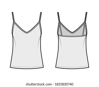 Camisole slip top technical fashion illustration with sweetheart neck, thin straps, relax fit, back zip fastening. Flat outwear tank apparel template front back grey color. Women men unisex CAD mockup