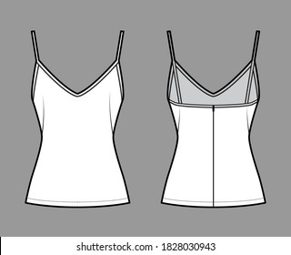 Camisole slip top technical fashion illustration with sweetheart neck, thin straps, slim fit, back zip fastening. Flat outwear tank apparel template front back white color. Women men unisex CAD mockup