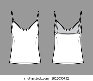 Camisole slip top technical fashion illustration with sweetheart neck, thin straps, relax fit, back zip fastening. Flat outwear tank template front, back, white color. Women, men, unisex CAD mockup