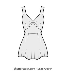 Camisole slip top technical fashion illustration with sweetheart neck, wide straps, slim fit, elongated peplum hem. Flat outwear tank apparel template front, grey color. Women, men, unisex CAD mockup