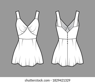 Ilustración de moda técnica superior de deslizamiento de camisol con cuello de corazón, correas anchas, ajuste delgado, peplum alargado hem. Plantilla de la ropa de tanque plana delantera, trasera, color blanco. Mujeres, hombres, burla unisex