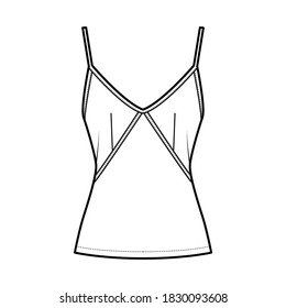 Camisole slip top technical fashion illustration with sweetheart neck, thin straps, slim fit, back zip fastening. Flat outwear tank apparel template front, white color. Women, men, unisex CAD mockup