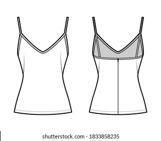 Ilustración de moda técnica superior de deslizamiento de camisol con cuello de corazón, correas delgadas, ajuste delgado, cierre de cremallera posterior. Plantilla de ropa de vestir de ropa de vestir plana color blanco delantero. Hombres mujeres unisex maquillaje CAD