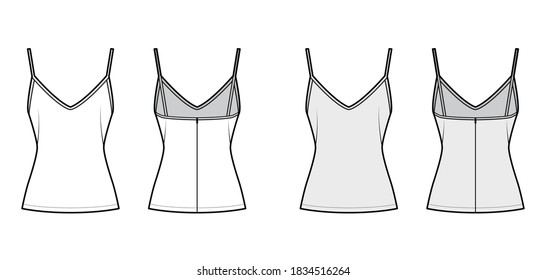 Camisole slip top technical fashion illustration with sweetheart neck, thin straps, slim fit, back zip fastening. Flat outwear tank template front, back, white, grey color. 