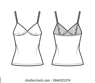 Ilustración de moda técnica superior de deslizamiento de camisol con cuello, correas, ajuste delgado, alargado. Plantilla de ropa de vestir de ropa de vestir plana delantera, trasera, color blanco. Mujeres, hombres, maquillaje de CAD unisex