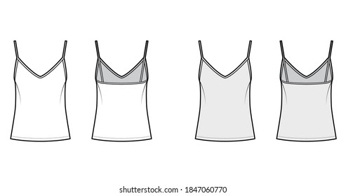 Camisole slip top technical fashion illustration with sweetheart neck, thin straps, relax fit, back zip fastening. Flat tank apparel template front, back, white grey color. Women men unisex CAD mockup