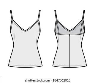 Camisole slip top technical fashion illustration with sweetheart neck, thin straps, slim fit, back zip fastening. Flat outwear tank apparel template front back grey color. Women men, unisex CAD mockup