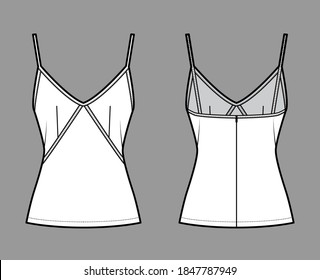 Camisole slip top technical fashion illustration with sweetheart neck, thin straps, slim fit, back zip fastening. Flat outwear tank apparel template front back white color. Women men unisex CAD mockup