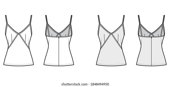 Camisole slip top technical fashion illustration with sweetheart neck, thin straps, slim fit, back zip fastening. Flat outwear tank template front, back, white, grey color. Women men unisex CAD mockup