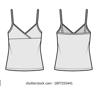 Camisole surplice tank cotton-jersey top technical fashion illustration with empire seam, thin adjustable straps, oversized. Flat outwear template front, back, grey color. Women men CAD mockup