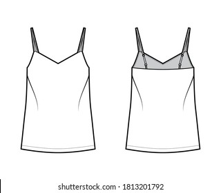 Camisole technical fashion illustration with flattering V-neck, straps, relaxed fit, tunic length. Flat outwear tank apparel template front, back, white color. Women, men unisex shirt top CAD mockup