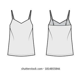 Ilustración de moda técnica camisola con cuello V halagador, correas, ajuste relajado, longitud túnica. Plantilla de ropa de vestir de ropa de vestir plana delantera, color gris de espalda. Mujeres, hombres unisex camiseta top CAD mockup