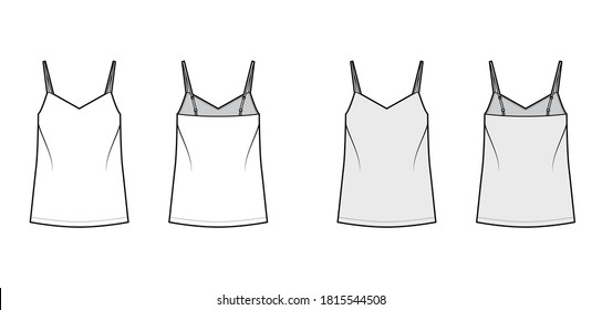 Camisole technical fashion illustration with flattering V-neck, straps, relaxed fit, tunic length. Flat outwear tank apparel template front, back, white grey color. Women, men unisex shirt top mockup