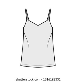 Camisole technical fashion illustration with flattering V-neck, straps, relaxed fit, tunic length. Flat outwear tank apparel template front, grey color. Women, men unisex shirt top CAD mockup