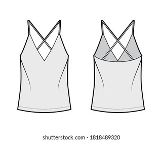 Camisole technical fashion illustration with flattering V-neck, straps, relaxed fit, tunic length. Flat outwear tank apparel template front, back grey color. Women, men unisex shirt top CAD mockup