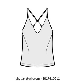 Ilustración de moda técnica camisola con cuello V halagador, correas, ajuste relajado, longitud túnica. Delantero de la plantilla de la ropa de vestir de ropa de vestir para ropa de vestir de ropa de vestir plana, color gris. Mujeres, hombres unisex camiseta top CAD mockup